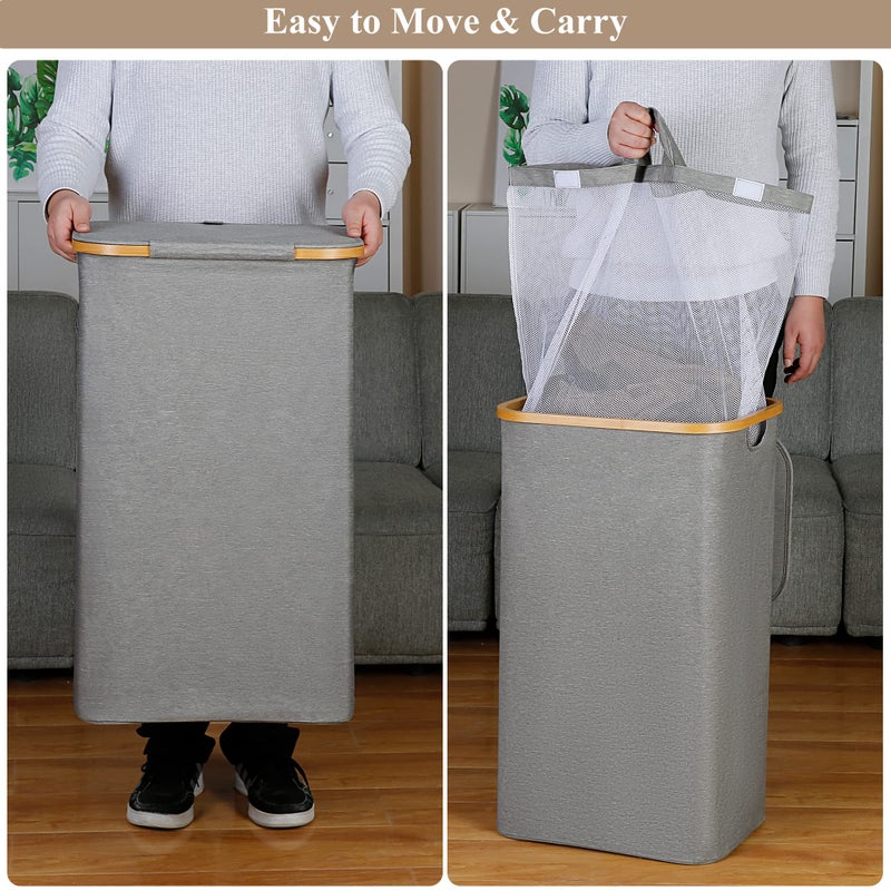 iEGrow Laundry Hamper with Lid, 110L Large Laundry Hamper with Handle and Lid, Collapsible Clothes Basket Organizer with Removable Inner Bag for Clothes Toys Towels - Grey - Image 2
